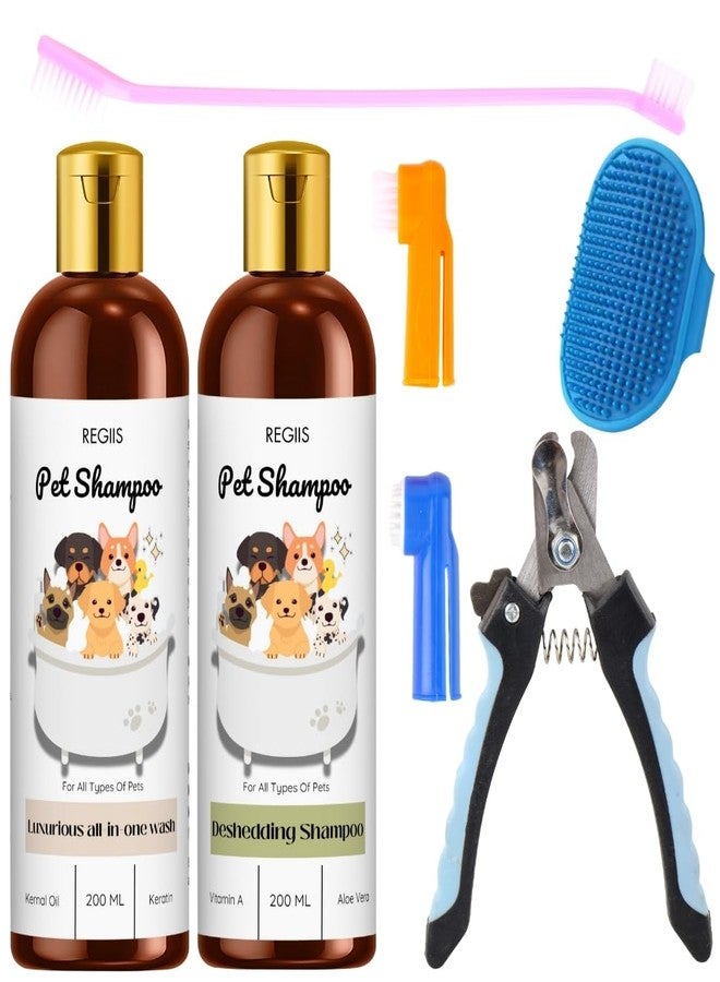 REGIIS Pet Grooming Kit with Dog Shampoo Set, 2 x 200ml Bottles, Deshedding Brush, Nail Clipper, All-in-One Wash and Deshedding Formula(Pack of 5) - Image 1